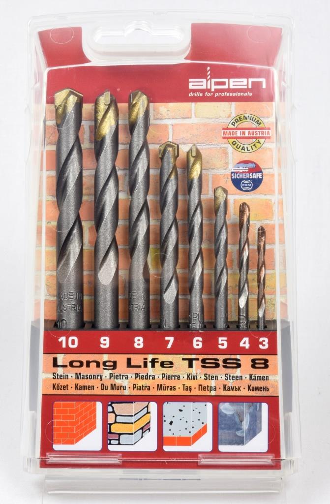 8 dílná sada vrtáků do betonu a zdiva. V sadě jsou průměry 3,4,5,6,7,8,9,10 mm, v plastové kazetě. Vrtáky mají certifikát PGM