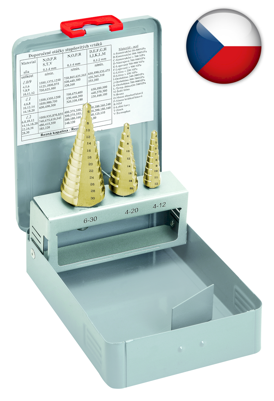Sada stupňovitých vrtáků 3ks, typ S6, 4/12-1;4/20;6/30 HSSE TiN