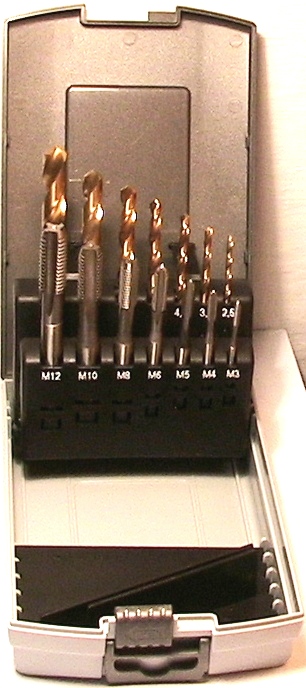 Sada závitníků s vrtáky M3-M12 HSSE DIN371(ISO2),přímá drážka, vrtáky DIN338 HSS TiN